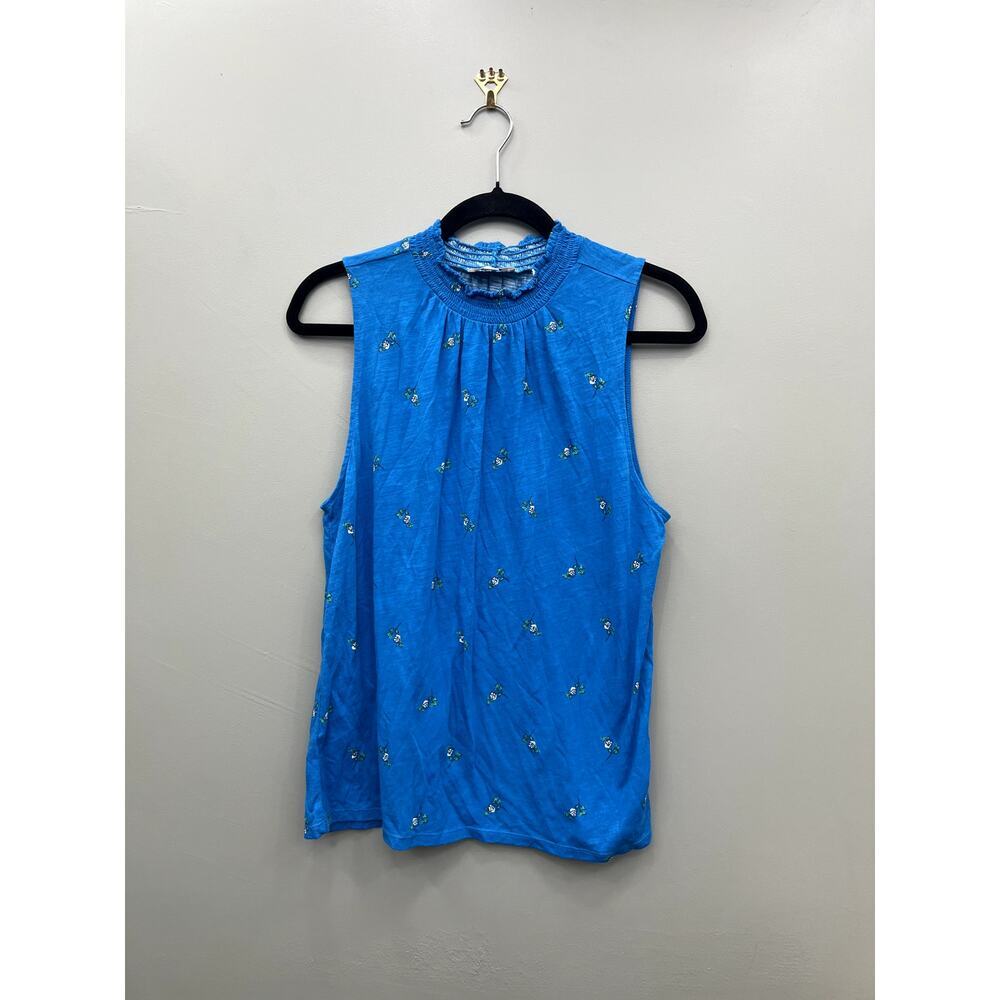 LOFT Outlet Floral Smocked Mock Neck Sleeveless Blue Tank Large - Picture 1 of 5